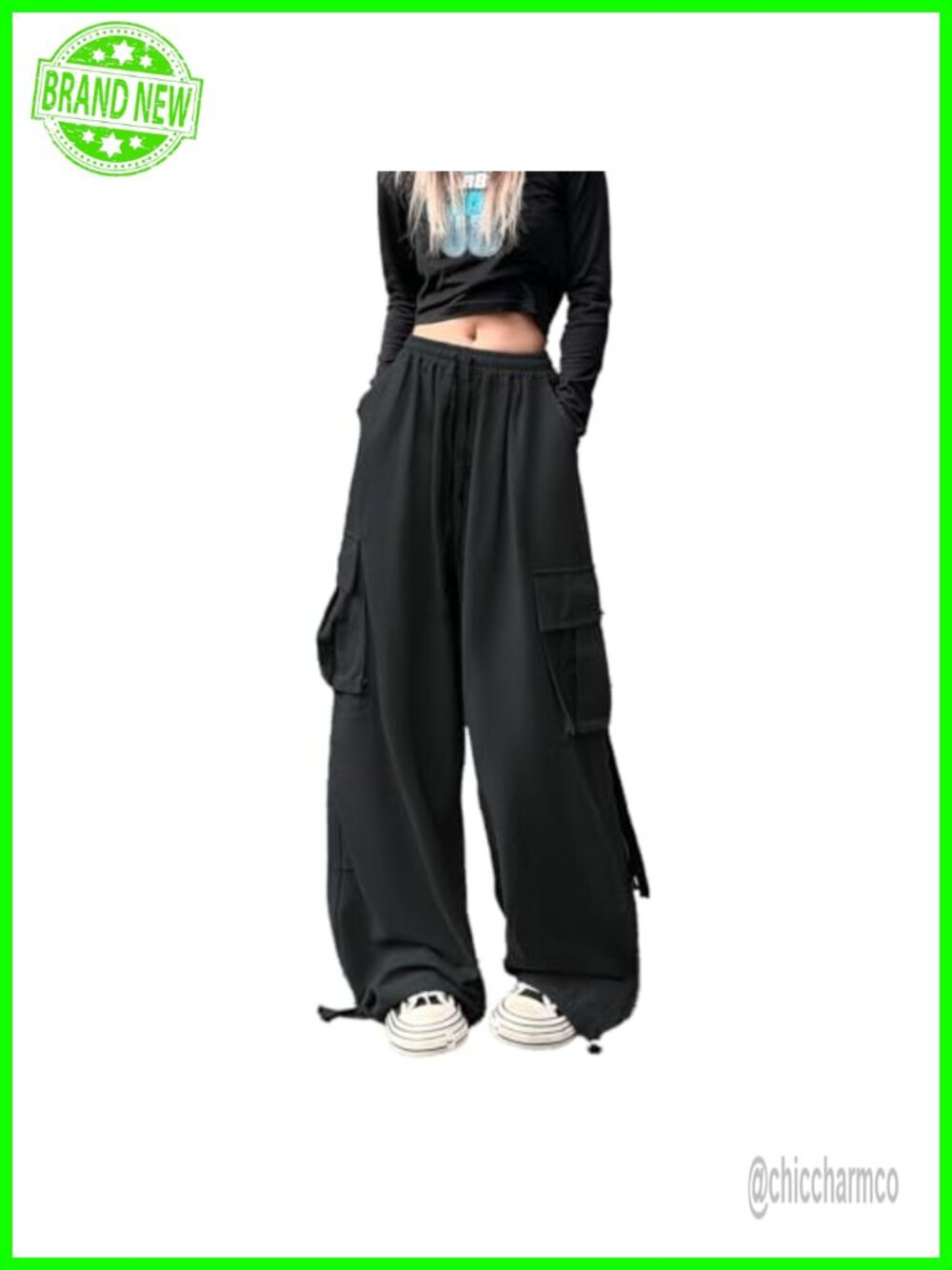 Womens 100% Cotton Cargo Pants High Rise Wide Leg Y2K Streetwear Baggy